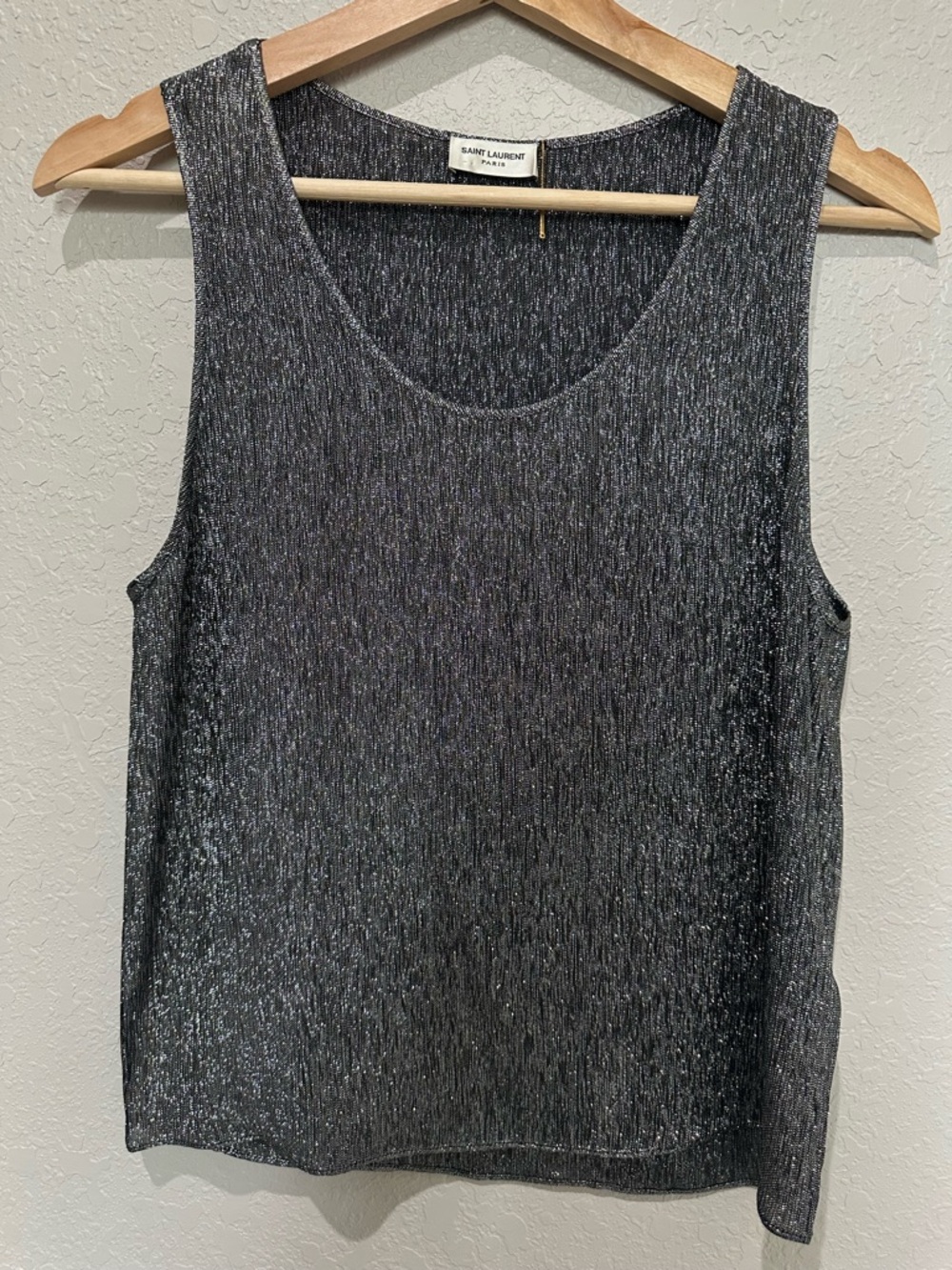 Saint Laurent YSL Silver Metallic Ribbed Silk-Blend Lamé Tank Top FR 34